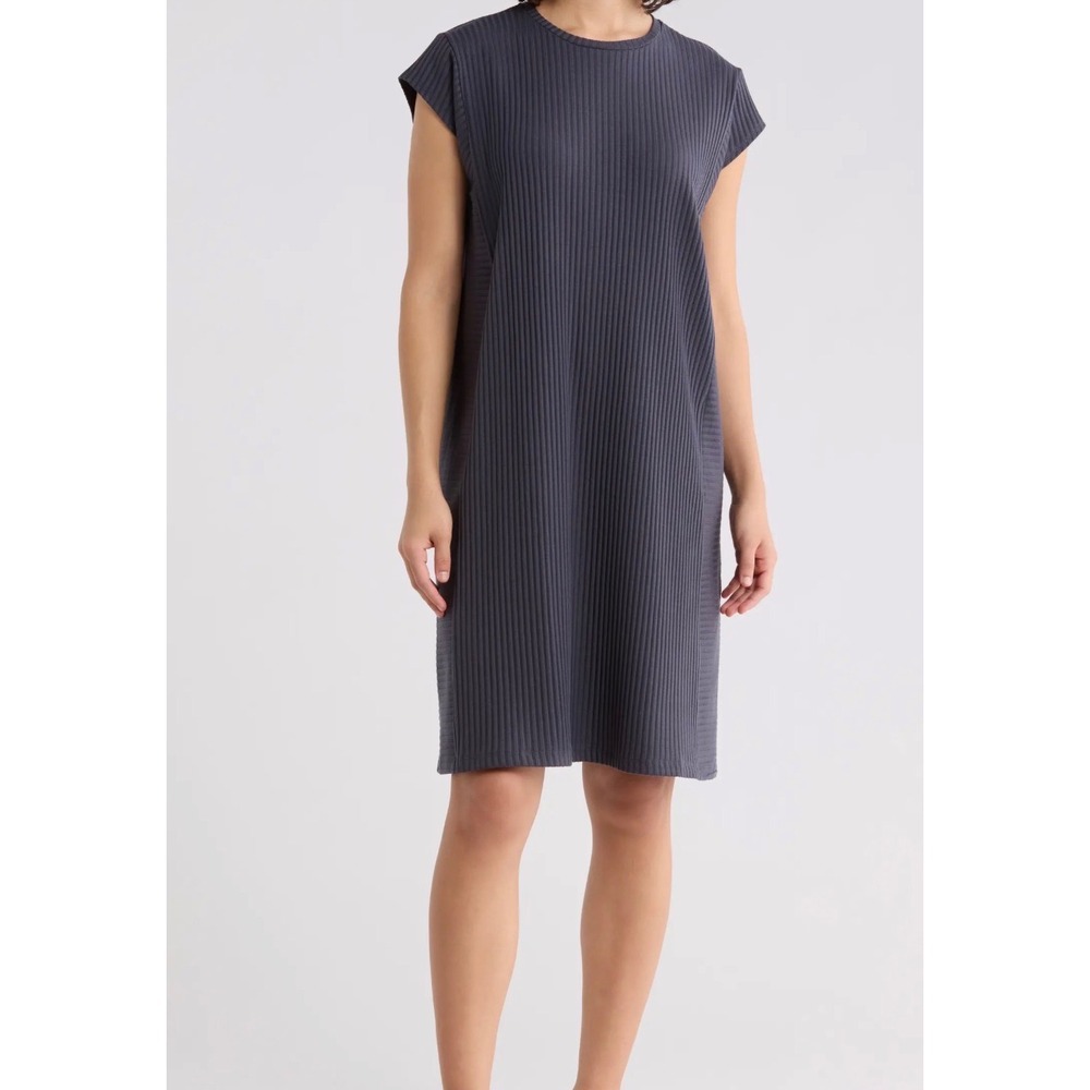 Eileen Fisher Charcoal Grey Tencel Ribbed Knit Cap Sleeve‎ Shift Dress Small